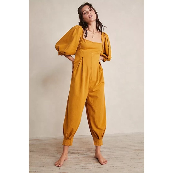 Free People Lotta Love Yellow Baggy Casual Princess Cinched Pleated Jumpsuit - Picture 9 of 10